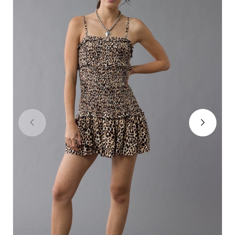 American Eagle Outfitters Leopard Smocked Mini Dress - Tan & Black